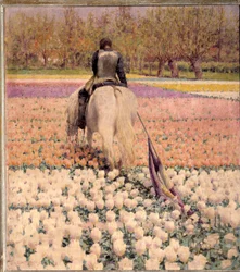 Beseiret. En skutt rytter krysser en tulipanmark etter nederlaget. Maleri av George Hitchcock (1850-1913), 1898, mål 1 x 0,9 m, Paris, Musée d