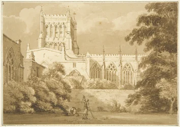 South View of Bristol Cathedral (blyant og akvarell på papir)