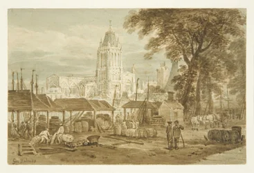 St Mary Redcliffe Church fra Welsh Back (blyant og akvarell på papir)
