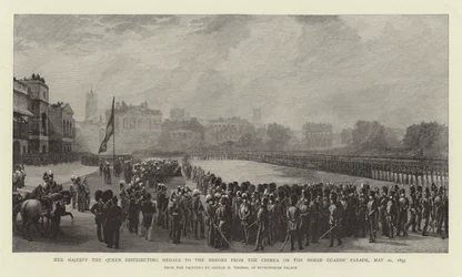 Hennes Majestet Dronningen deler ut medaljer til heltene fra Krim på hestevaktens parade, 21. mai 1855