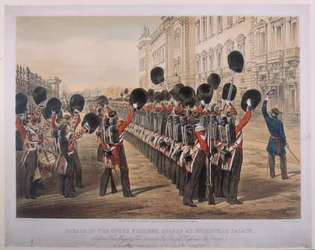Parade av de skotske Fusilier-vaktene ved Buckingham Palace om morgenen deres avreise til Krigssetet, 2. mars 1854, gravert av E. Walker, utgitt av Colnaghi und Co., 1854