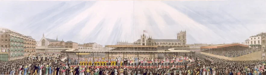 Utsikt over kong Georg IVs kroningsprosesjon fra Westminster Hall til klosterkirken, 19. juli 1821