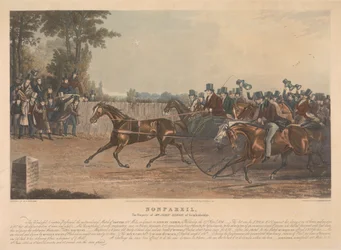 "Nonpareil" / The Property of Mr. John Dixon of Knightsbridge / This Wonderful Creature, Utførte den enestående kampen, Trav 100 Miles i sele på Sunbury Common, onsdag 27. april, 1836. ...
