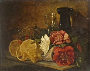 Stilleben med frukt og blomster, 1855