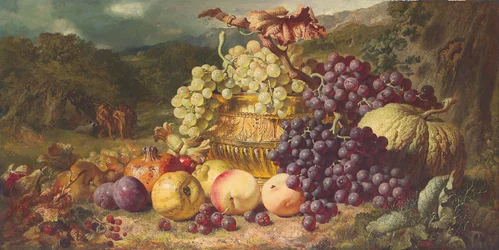 Stilleben med frukt i et landskap, et jaktselskap bortenfor, 1859