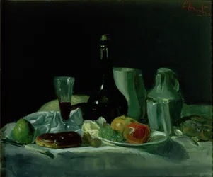 Stilleben - flaske og frukt