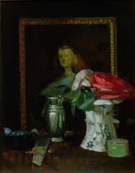 Stilleben av roser, portrett, vase og vifte