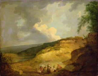 Et omfattende fjellandskap med et sigøynerleir i forgrunnen (olje på lerret)