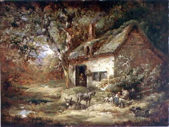 Hyttedør med et esel (olje på lerret)