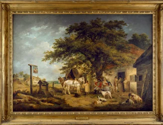 Landskap med figurer ved døren til et vertshus (olje på lerret)
