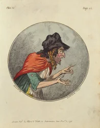 Tegneserie av en gammel kvinne, etset av Isaac Cruikshank