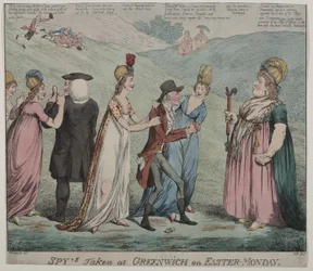 Mor Windsor med fire av hennes kurtisaner beordrer jentene sine til å arrestere biskopen av Durham og hertugen av Queensbury, 1798 (fargetsning)