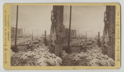 Stereograf av Washington Street fra hjørnet av LaSalle Street med utsikt østover etter Chicago-brannen i 1871, 1871 (bw-bilde på kortfeste)