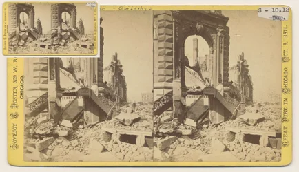 Stereograf av Bryan Block på det nordvestlige hjørnet av Monroe og LaSalle Streets etter Chicago Fire i 1871, 1871 (bw-bilde på kortfeste)