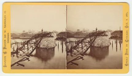 Stereograf av Van Buren Street-broen etter Chicago-brannen i 1871, 1871 (bw-foto på kortfeste)