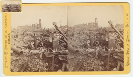 Stereograf av ruinene av Mammoth Store of Field & Leiter etter Chicago-brannen i 1871, 1871 (bw-bilde på kortfeste)