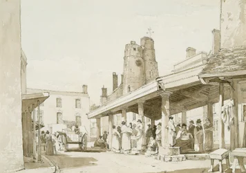 Old Market Place, Swansea (sepia-toning og blyant på papir)