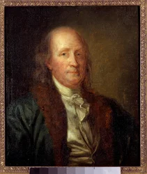 Portrett av Benjamin Franklin (1706-1790), amerikansk fysiker, filosof og politiker Maleri av George Peter Alexandre Healy (1808-1894) Sun. 0,33x0,27 m.
