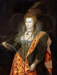 Portrett av Elizabeth I av England 1533-1603, i ballettdrakt som Iris Rainbow Portrait