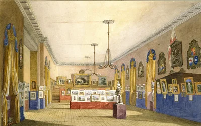 En utstilling i Old Town Hall, Oxford, 1854 (akvarell og kroppsfarge over blyant på stivt papir, lagt på originalfeste)