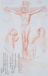 Study of Crucifixion, ca. 1857 (rødt og svart kritt på gråblått lagt vannmerket papir)