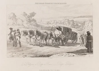 Vei til Rouen fra Dieppe, Diligence, ca. 1821 (etsing)
