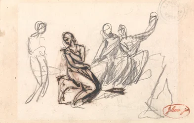 Tre sittende figurer og en stående figur