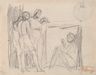 Tre stående figurer foran en sittende figur