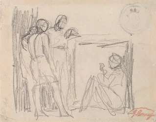 Tre stående figurer foran en sittende figur