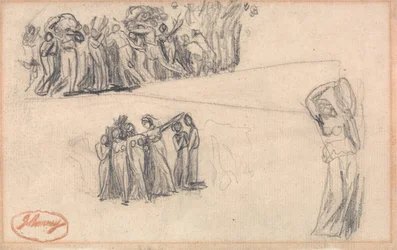 To skisser av kvinner og barn på flukt og en stående kvinnefigur som spiller tamburin, til Lady Anne Leveson i «Dancing Gower Children»