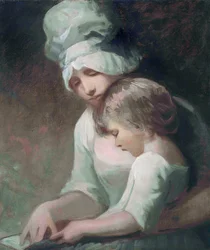 "A Mother and Child Reading" (A Mother and Child Reading) (Mrs Cumberland og hennes sønn) Maleri av George Romney (1734-1802) - Olje på lerret Dim 63,5x53,7 cm Privat samling