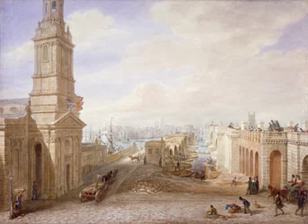 Gamle og nye London Bridges ser sørover, London, 1831.