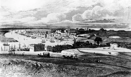 Chatham Dockyard fra Port Pitt, gravert av R. Roffe, publisert i Irlands 'History of Kent', utgitt i 1831