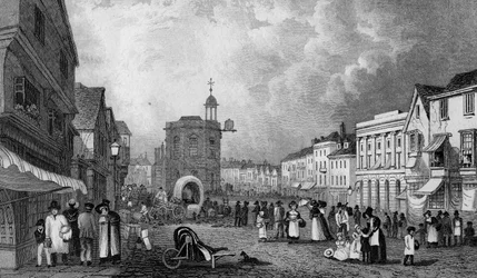 High Street, Maidstone, A Market Day, gravert av S. Lacey, utgitt 1832