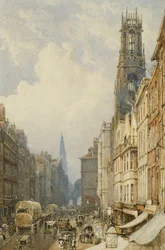 Fleet Street ser opp til Temple Bar med Old St. Dunstans og St. Clement Danes, 1834