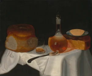 Stilleben av brød, smør og ost