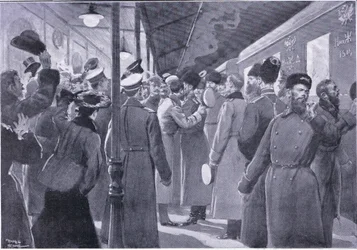 Tsaren tar farvel med offiserer fra den keiserlige garde, illustrasjon fra Cassells History of the Russo-Japanese War Vol 1, ca. 1900