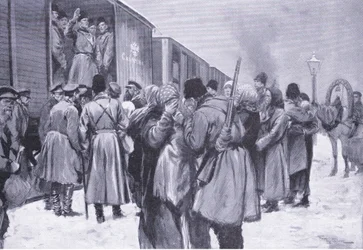 Russiske troppers avgang til Fjernøsten, illustrasjon fra Cassells History of the Russo-Japanese War Vol 1, ca. 1900