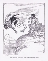 Han sparket ham over klippen i havet, fra The Heroes utgitt av George Allen og Unwin 1929 (farge litho)