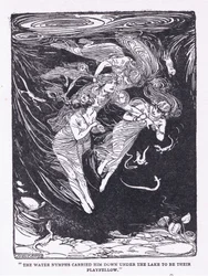 Vannymfene bar ham nedover innsjøen til lekekameraten deres, fra The Heroes utgitt av George Allen og Unwin 1929 (litho)