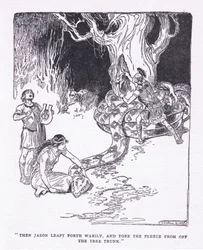Så sprang Jason trett frem, og rev fleeceen av trestammen, fra The Heroes utgitt av George Allen og Unwin 1929 (litho)