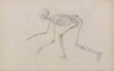 En komparativ anatomisk fremstilling av menneskekroppens struktur med en tigers og en vanlig fugls struktur: Menneskeskjelett, sidevisning (i krypende stilling; ferdig studie for en upublisert tabell)