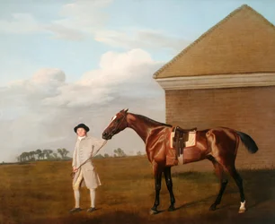 Ildhale med treneren sin ved Rubbing-Down House på Newmarket Heath. I 1774, eiendommen til Thomas Foley, Esquire[2]