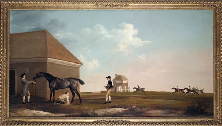 ""Gimcrack-veddeløpshesten på Newmarket Heath med trener, gutt og jockey"" Maleri av George Stubbs (1724-1806) 1765 Dim 101,6x194 cm Privat samling