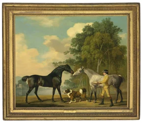 To jegere med en ung brudgom og en hund ved en innsjø, 1778