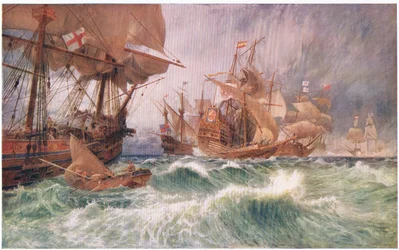 Innkallingen til overgivelse: en hendelse i angrepet av den store Armada 1588, fra Cassells History of the British People utgitt av Waverley Book Company, ca. 1950-tallet