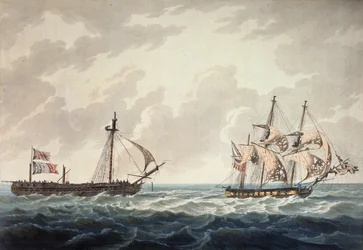 Hans Majestets slup, Bonne Citoyenne, tar den franske fregatten, La Furieuse, på slep etter handlingen 6. juli 1809, gravert av R und D Havell, utgitt av Robert Cribb i 1810