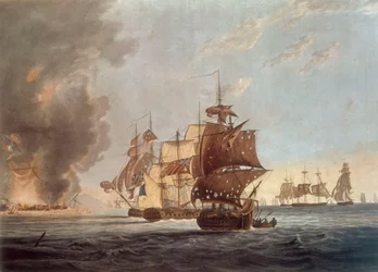 Til offiserene, sjømennene og marinesoldatene på Hans Majestets skip Amphion, Cerberus, Volage og Active. Denne tallerkenen representerer ... sprengningen av den franske kommodoren utenfor øya Lissa i Adriaterhavet den 13. mars 1811.