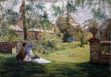 En sommerettermiddag. Sommerettermiddag: To unge kvinner sitter på gresset i en hage. En cricketkamp er satt opp foran dem. Maleri av George William Mote (1832–1909 britisk). Prerafaelittisk kunst. Privat samling.