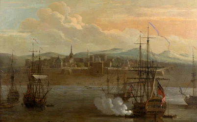 Et maleri av Fort St George i Madras, India. I 1731. Militærfort, og havn med skip. Skipets kanon blir avfyrt. Røyk. Slag.